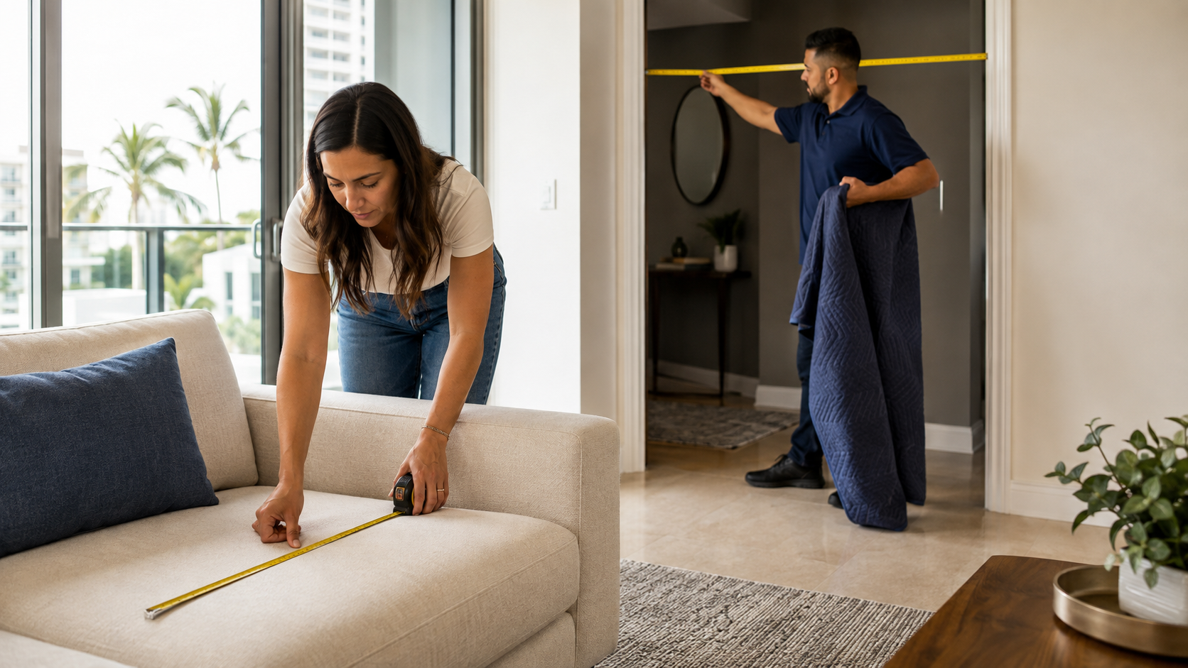 Homeowner measuring a sofa while a mover checks a condo doorway in South Florida