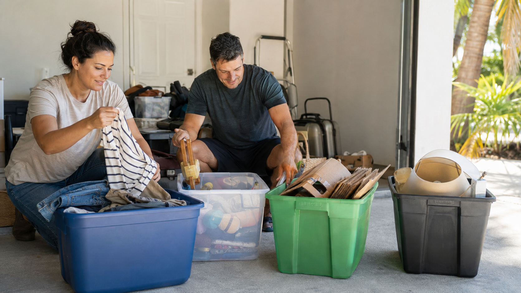 Two people sorting household items into organized groups before a Miami cleanout