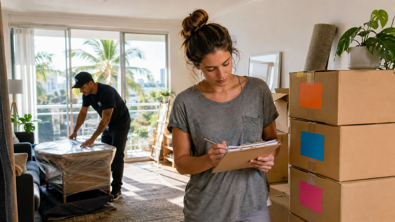 Miami renter reviewing a moving checklist beside packed boxes while a mover wraps furniture
