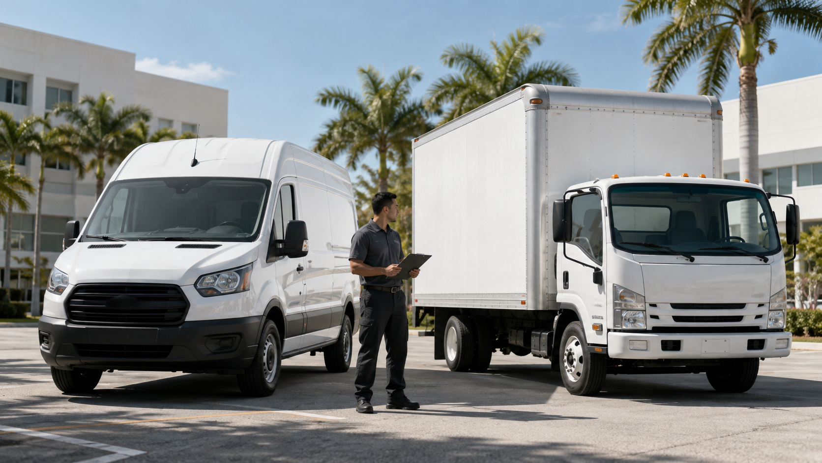 White high-roof cargo van and 14-foot box truck compared side by side in South Florida