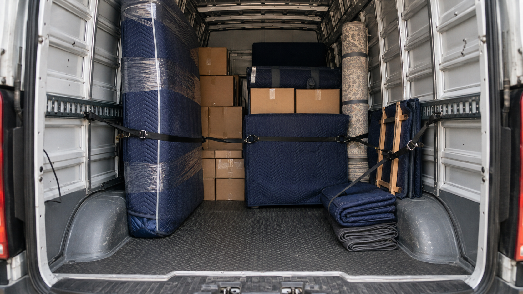 Professionally packed Sprinter van interior with protected furniture, boxes, blankets, and straps